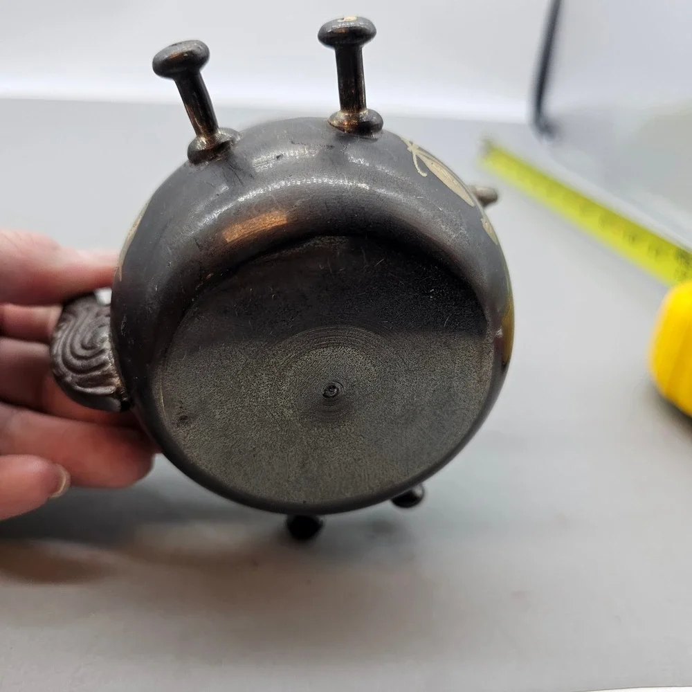 Vintage Brass Teapot with Warming Stand Black and Gold Etched Floral Decorative